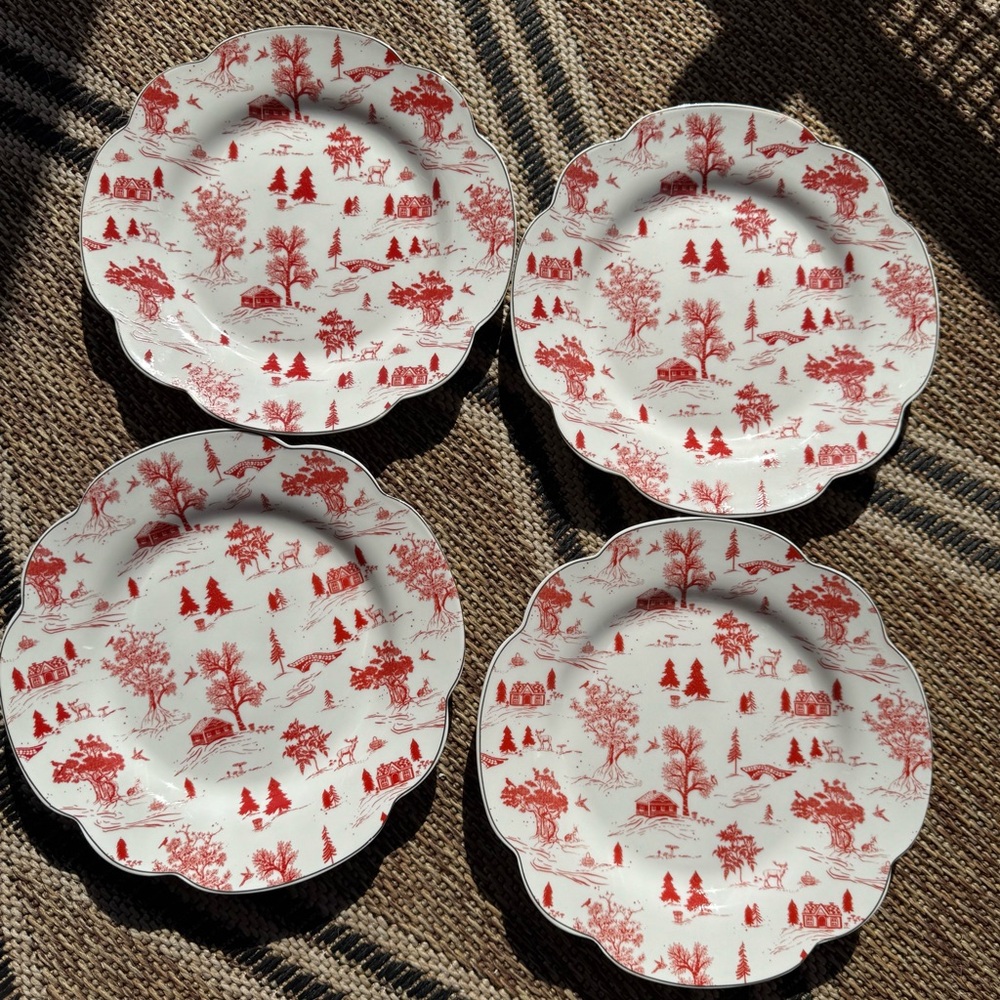 Grace Teaware Christmas Porcelain Salad Plates 8in Set of 4 Holiday Red & White